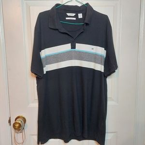 Calvin Klein Liquid Touch Black Grey Colorblock Striped Polo Shirt Preppy Sz XL
